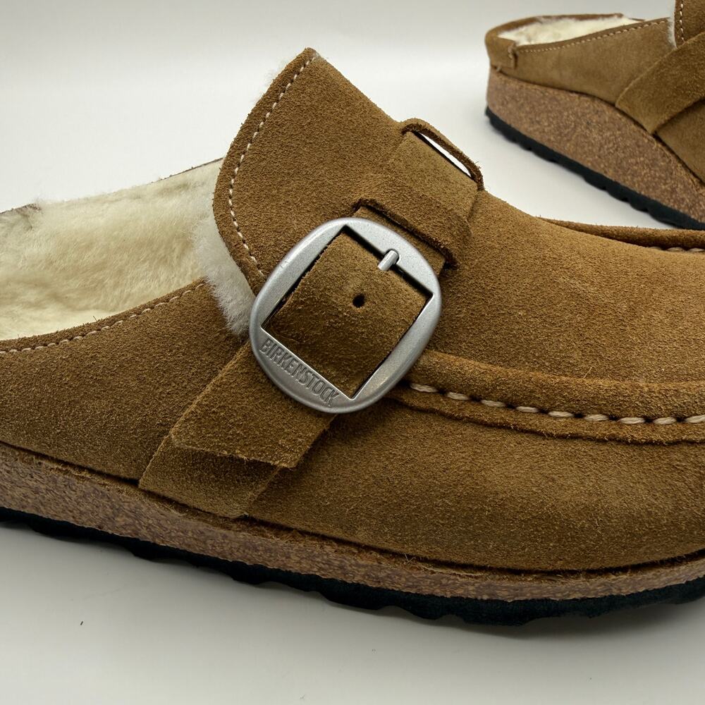 Birkenstock NWOT Buckley Shearling Tea/Natural Suede Leather Clog Mules Sz 36 - Picture 3 of 9